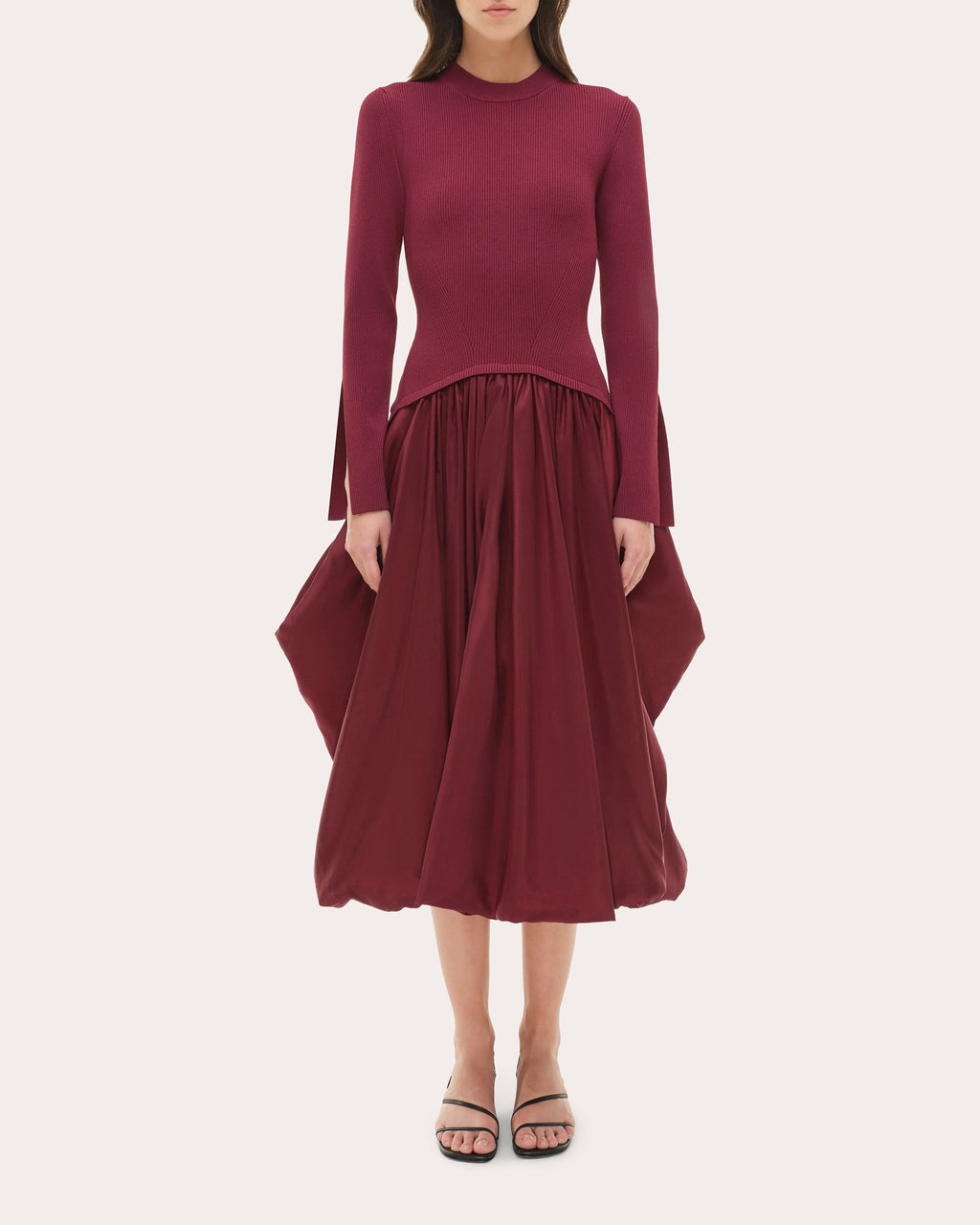 Kenlie Knit Taffeta Combo Gathered Midi Dress
