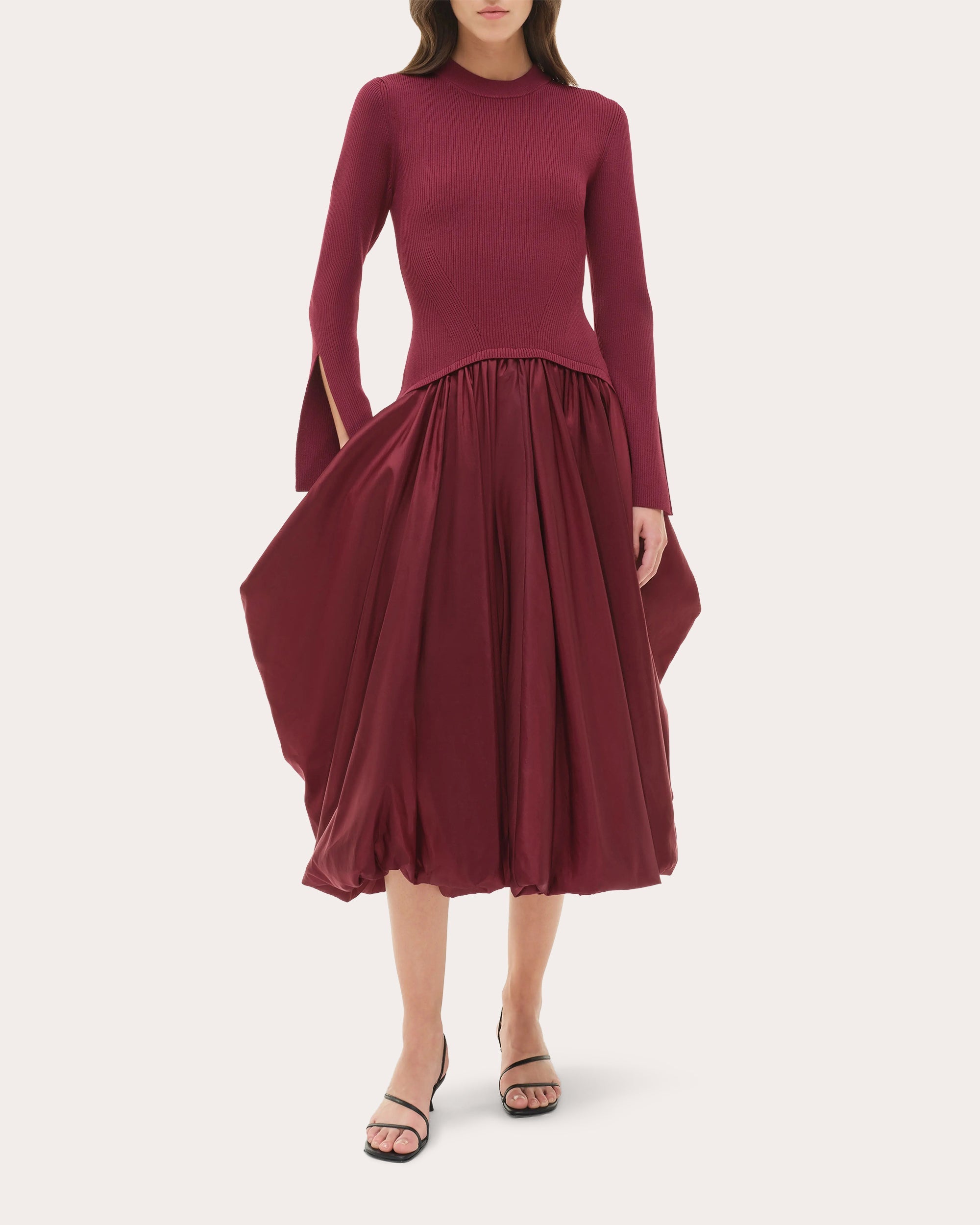 Kenlie Knit Taffeta Combo Gathered Midi Dress