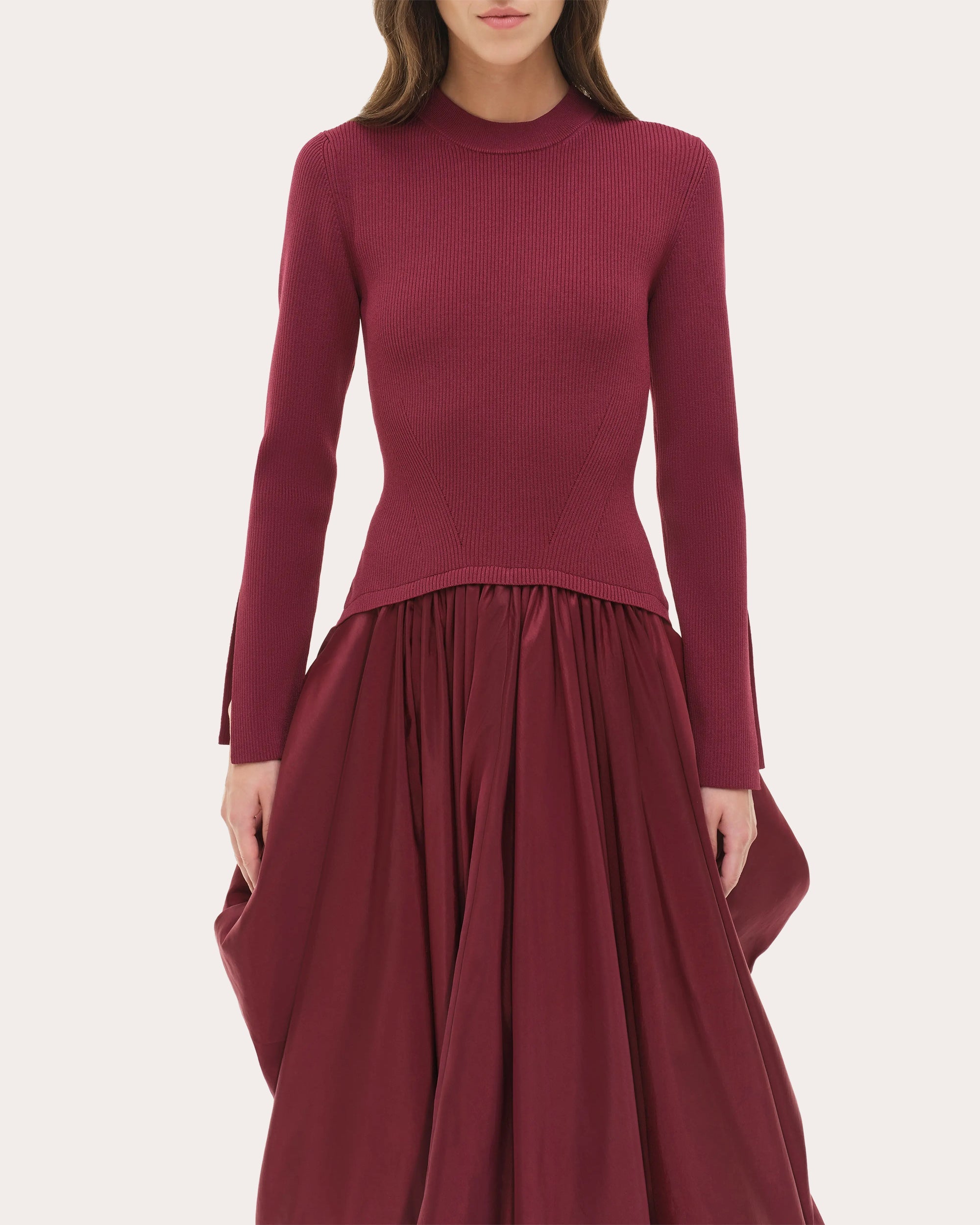 Kenlie Knit Taffeta Combo Gathered Midi Dress