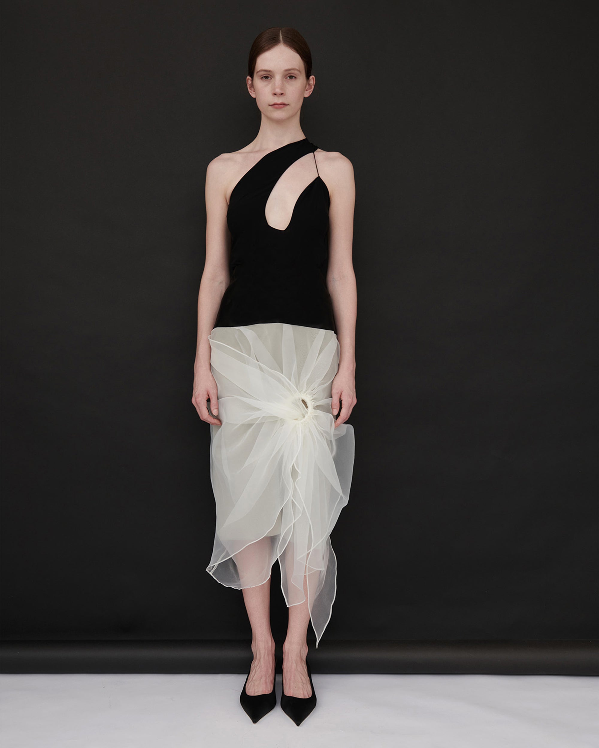 Leila Satin Organza Combo Gathered Flower Dress