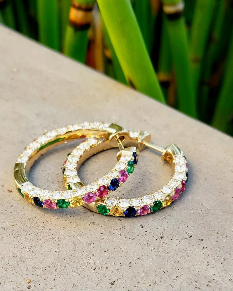 Multicolor Sapphire & Diamond Three-Sided Hoop Earrings