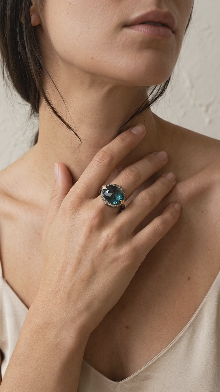 18K Gold Blackened Sterling Silver Topaz and Diamond Ring