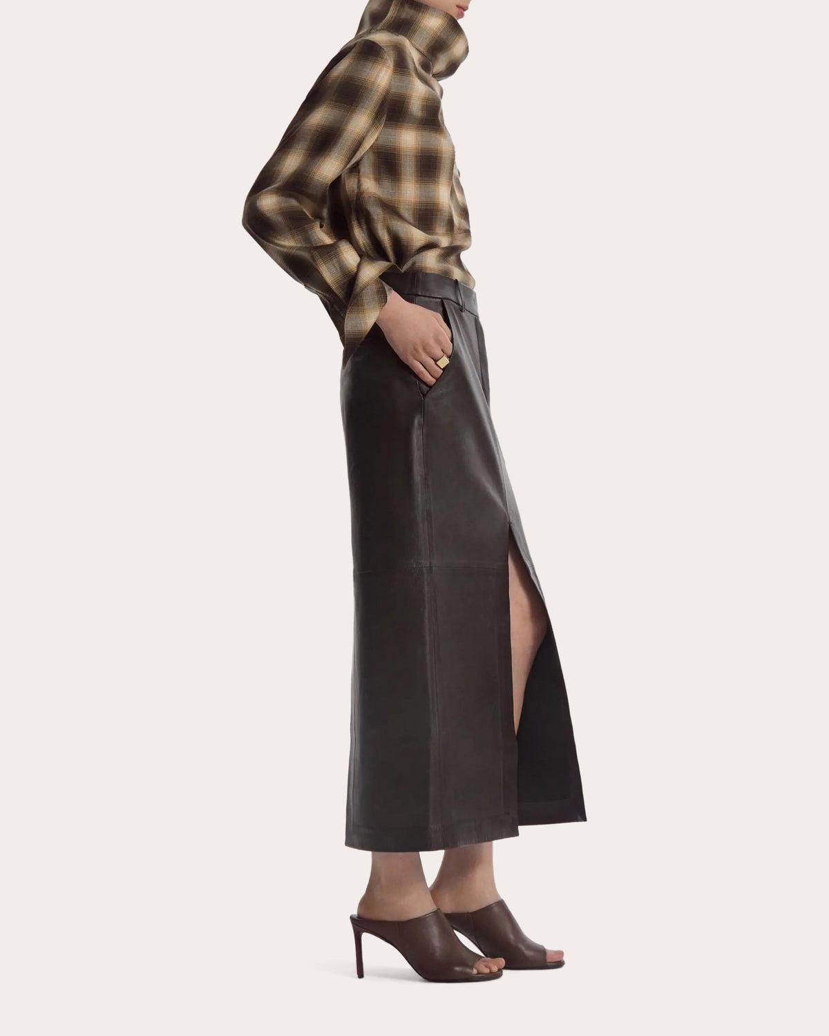 Leather Front-Slit Midi Skirt