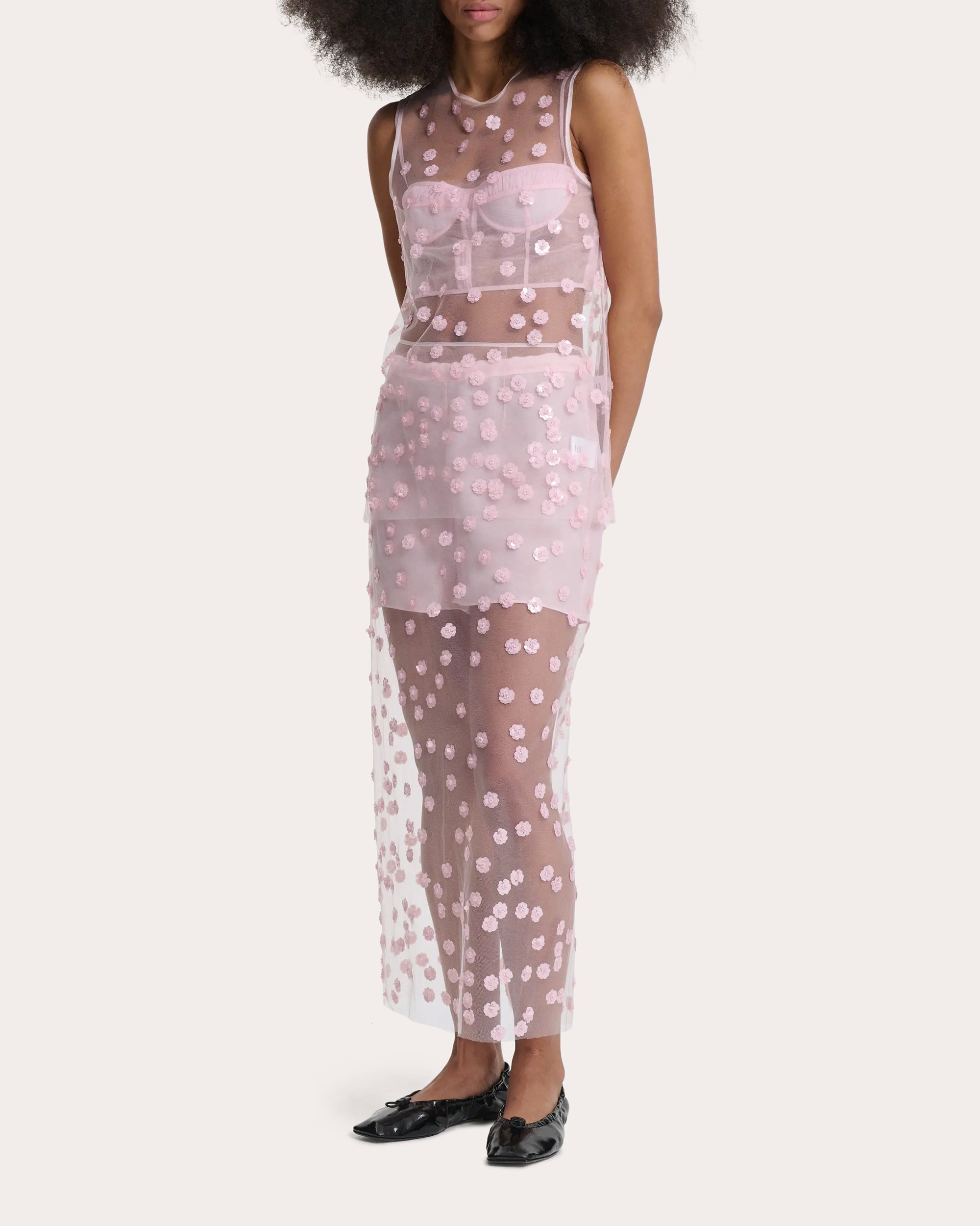 Utania Floral Sequin Sheer Tulle Sleeveless Top