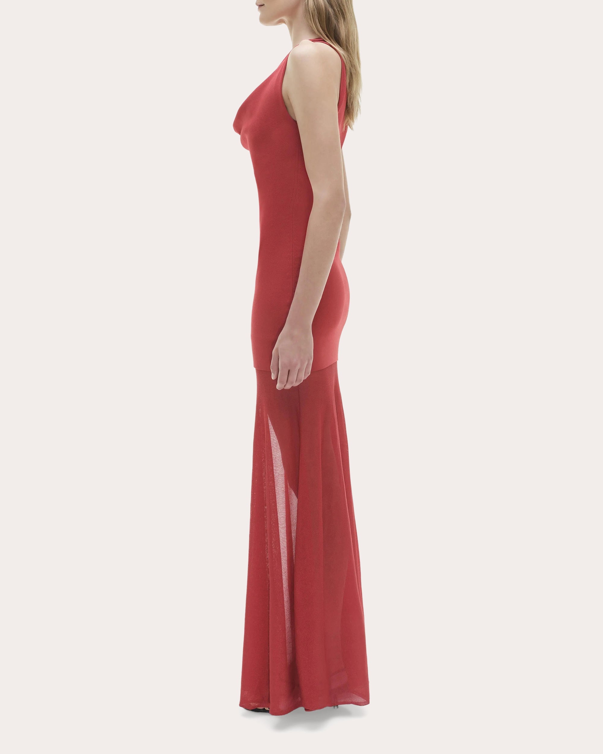 Xena Sheer Knit Combo Cowl Neck Maxi Dress