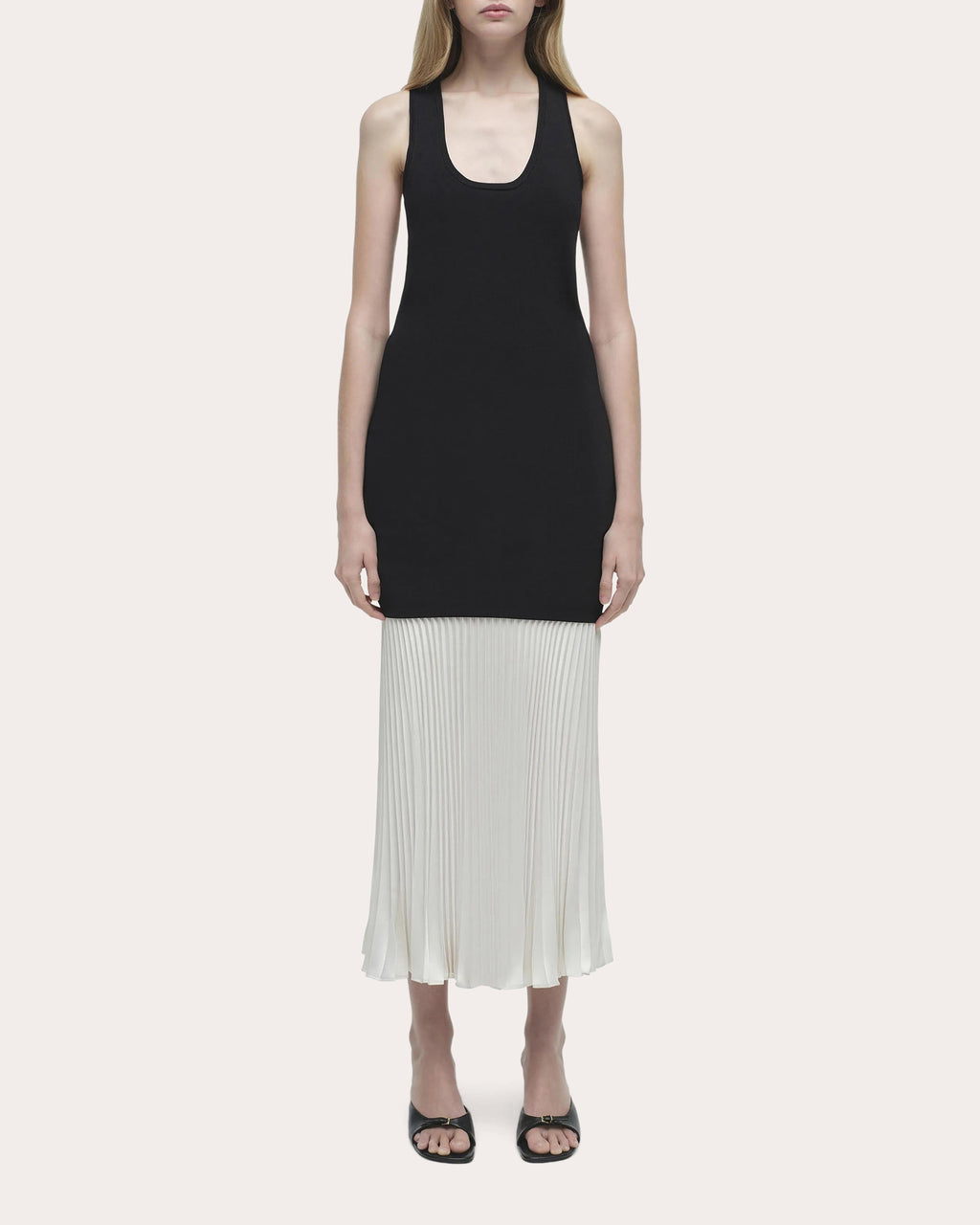 Zaden Knit Chiffon Pleated Drop-Waist Midi Dress