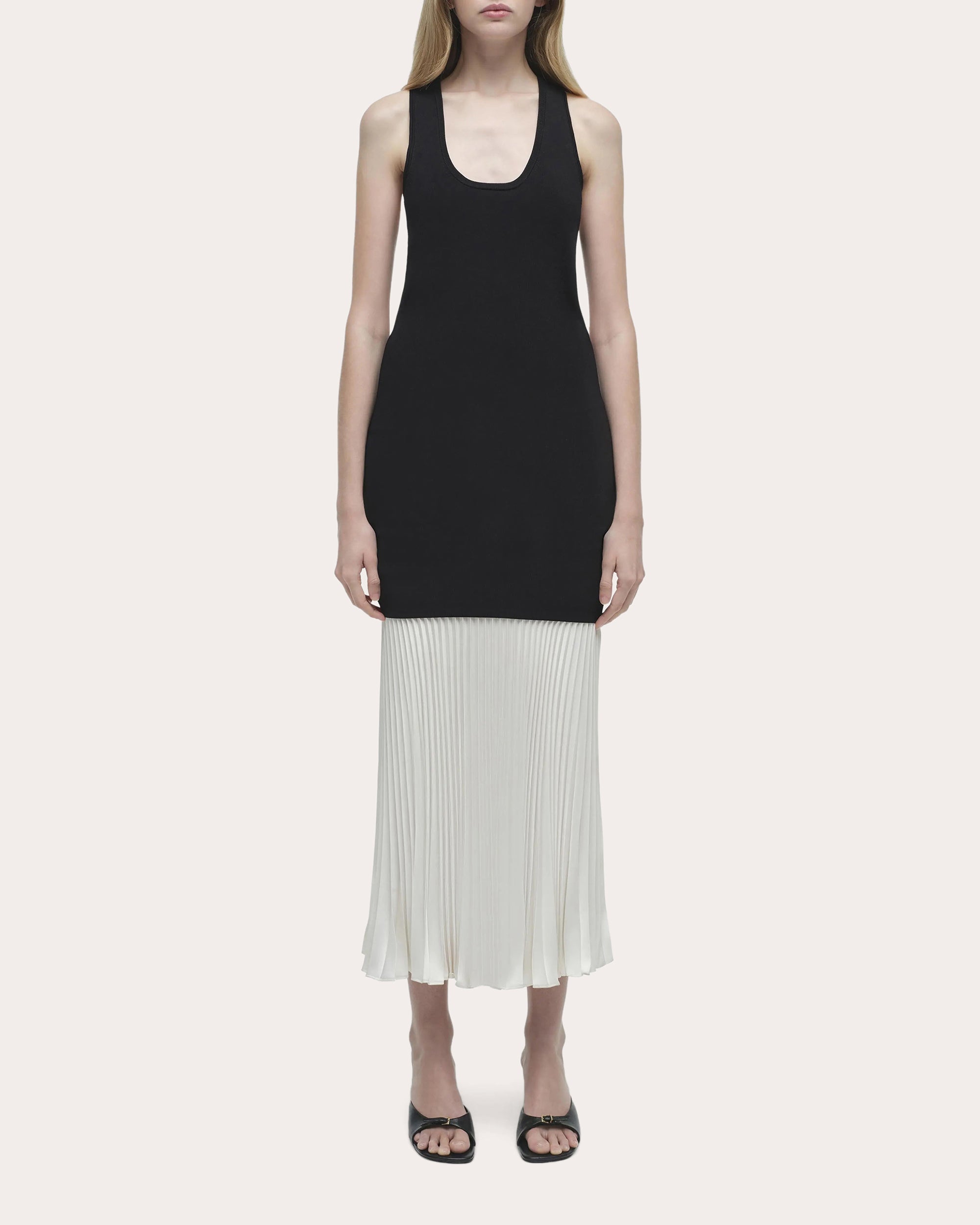 Zaden Knit Chiffon Pleated Drop-Waist Midi Dress