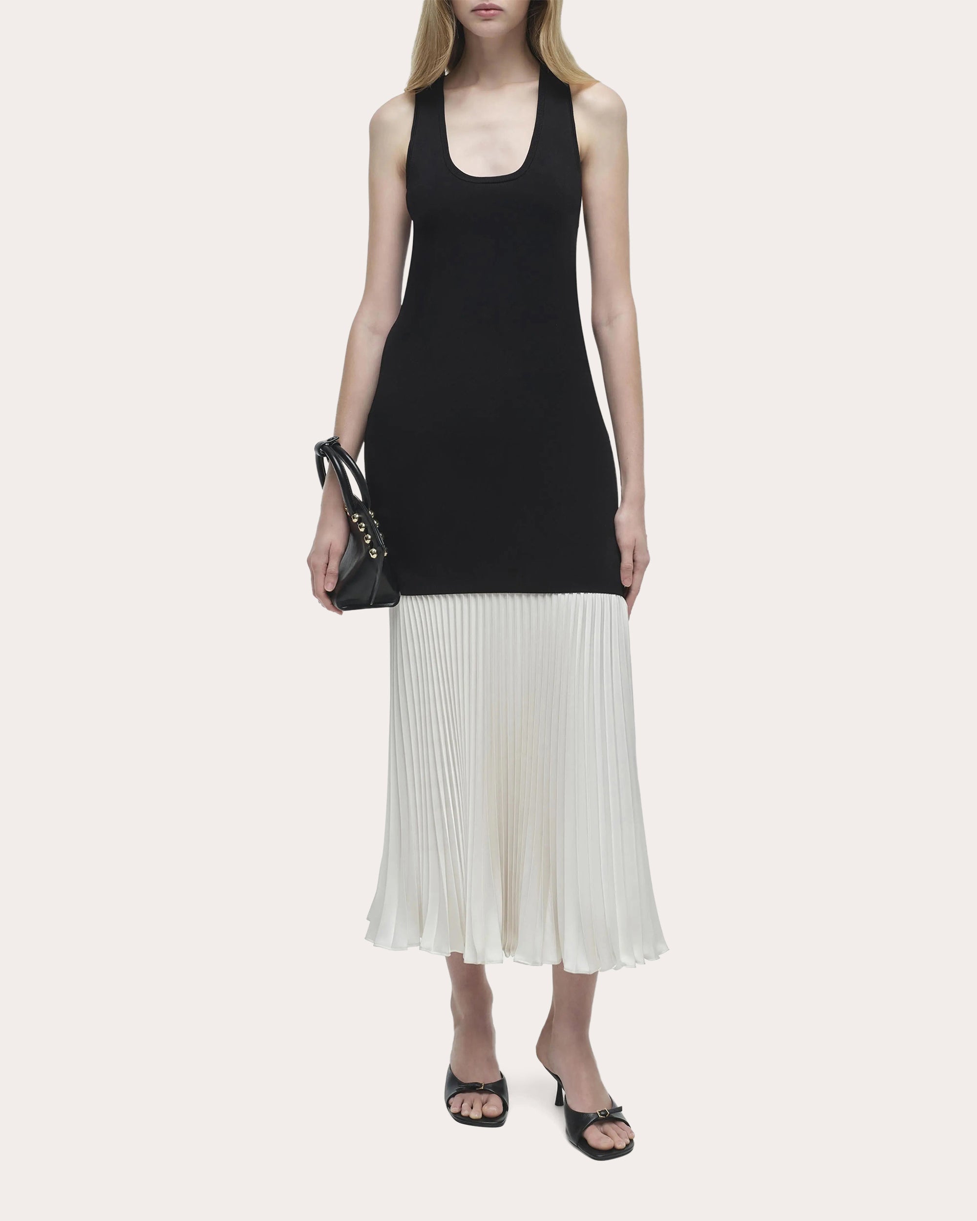 Zaden Knit Chiffon Pleated Drop-Waist Midi Dress